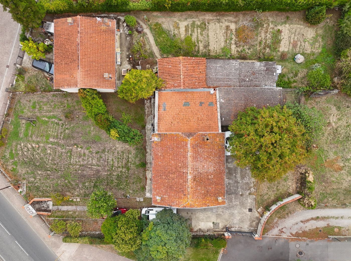 Straight-down aerial view of tile roofs