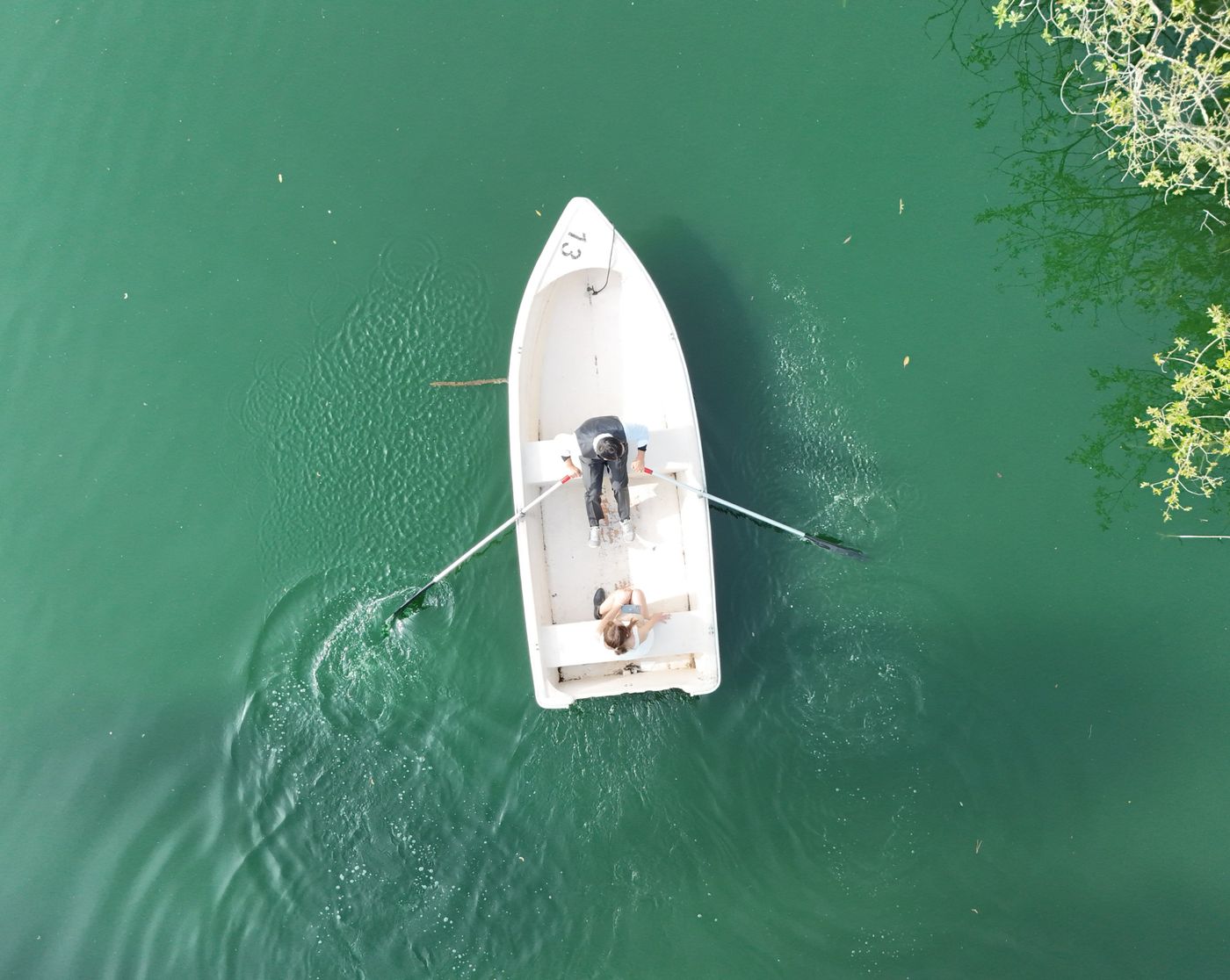 Overhead view of a rowboat on green water